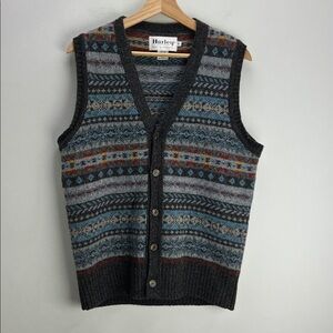 Harley of Scotland Fair Isle Button Down Vest 100% Wool Mens Medium Heritage